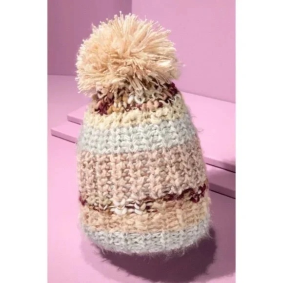 Blush Cozy Knitted Striped Pompom Winter Knit Beanie Women's Hat - Picture 3 of 5